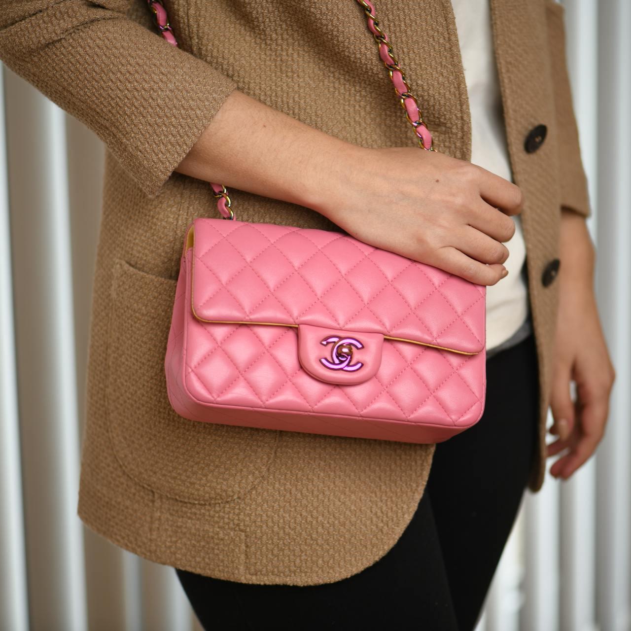 Chanel Quilted Pink Lambskin Single Flap Mini Bag In Excellent Condition For Sale In Banbury, GB