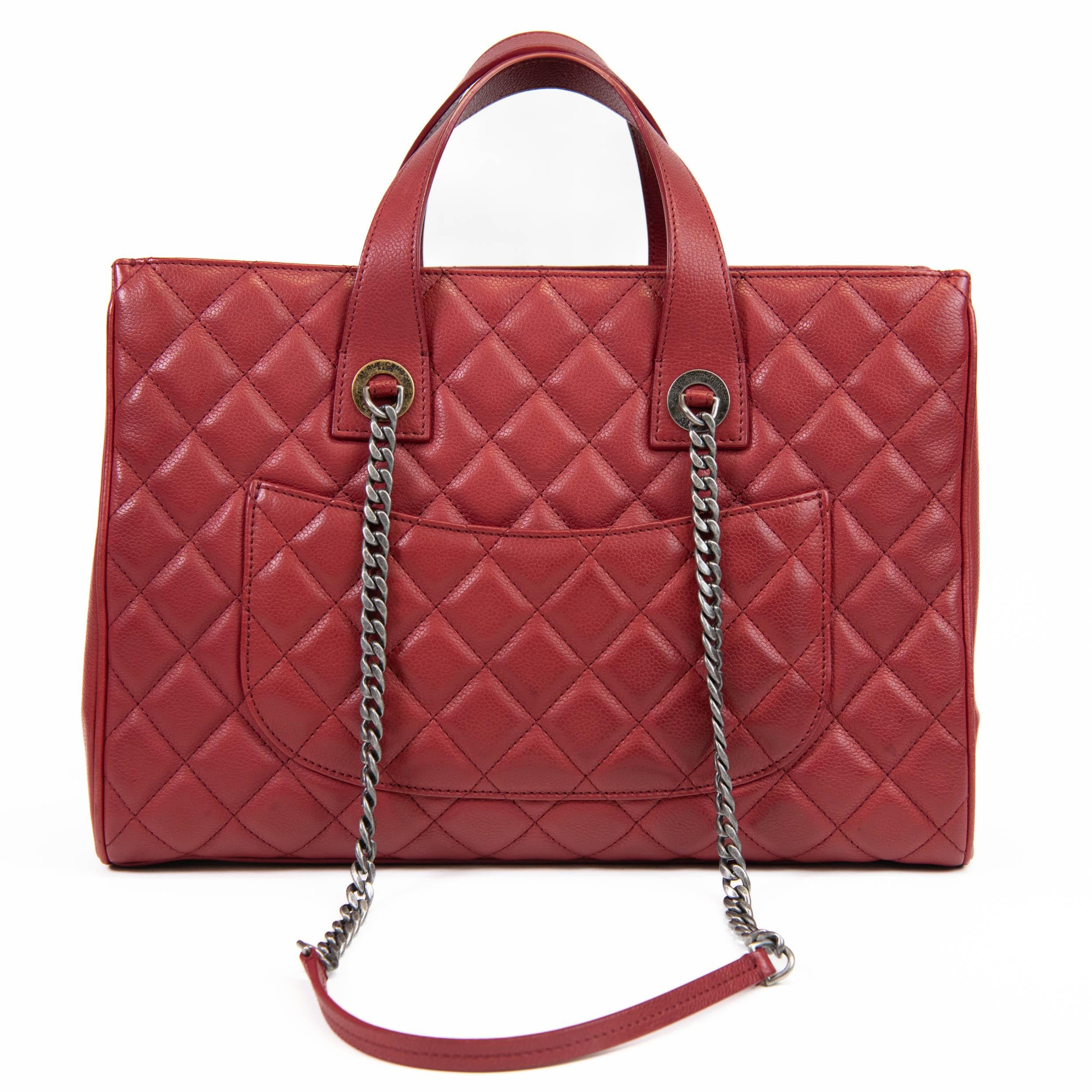 Brown Chanel Quilted Red Caviar Leather Large Casual Pocket Shopping Tote