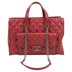 Chanel Quilted Red Caviar Leather Large Casual Pocket Shopping Tote