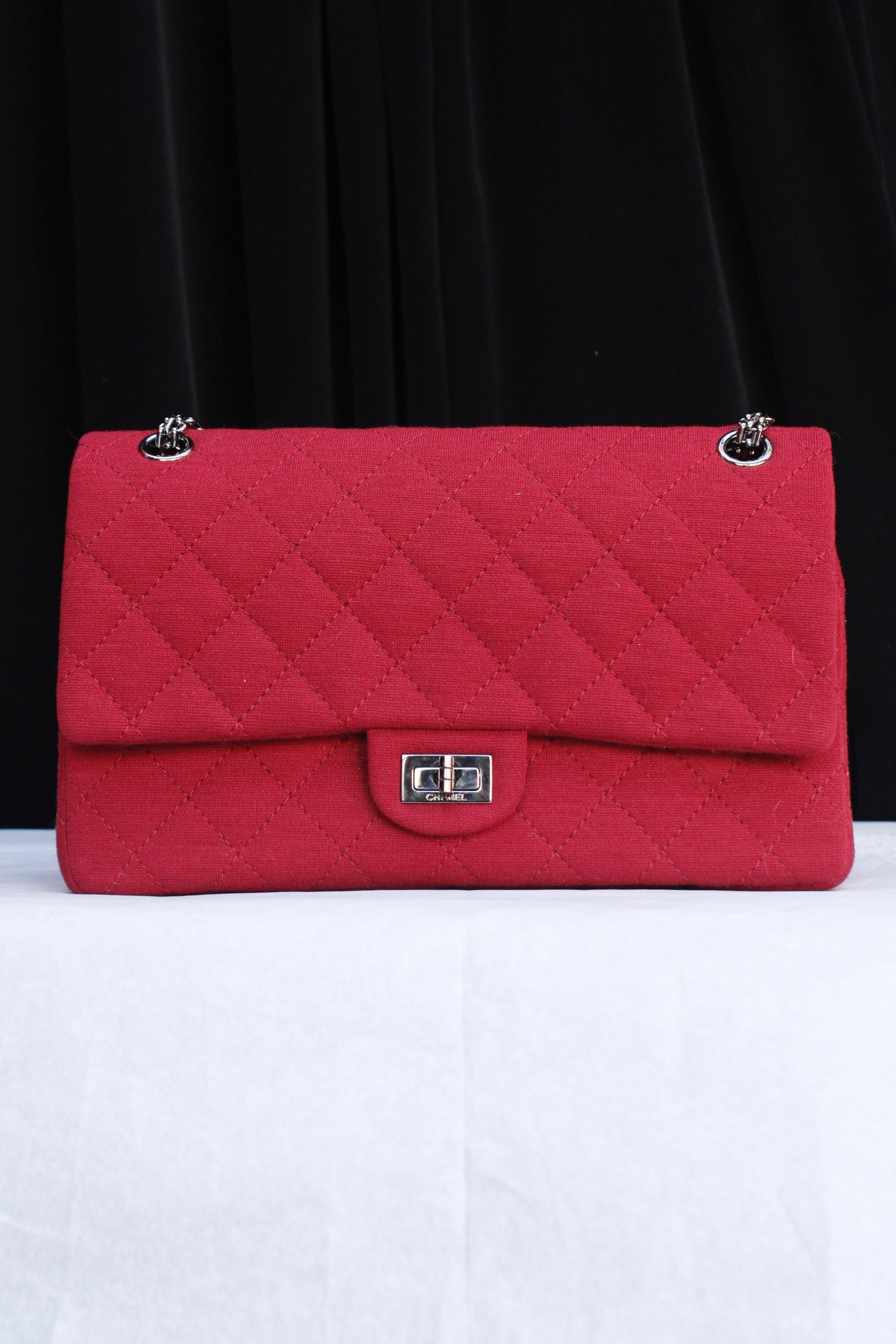 Red Chanel quilted red jersey 2.55 bag with silver plated chain handle For Sale