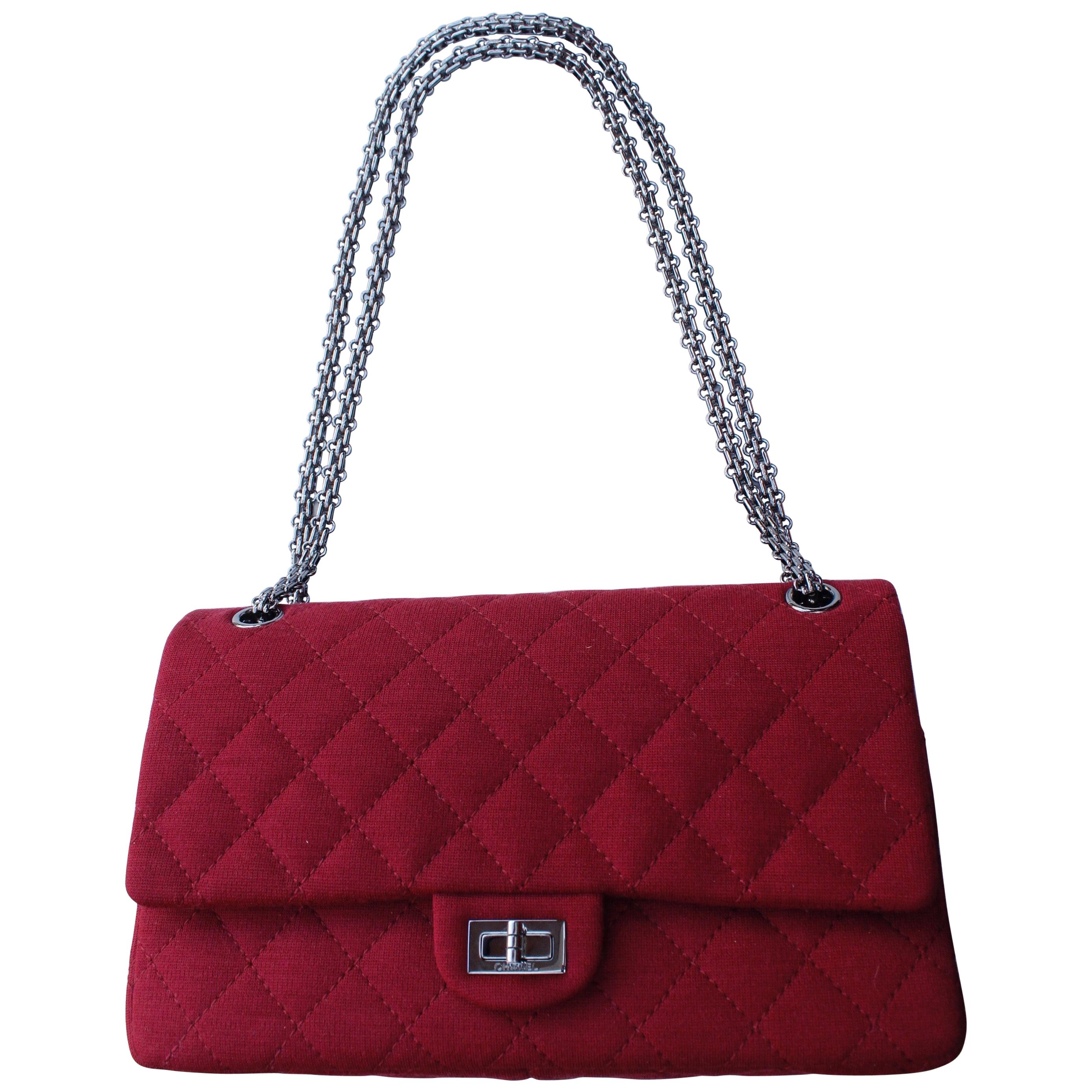 Chanel quilted red jersey 2.55 bag with silver plated chain handle For Sale