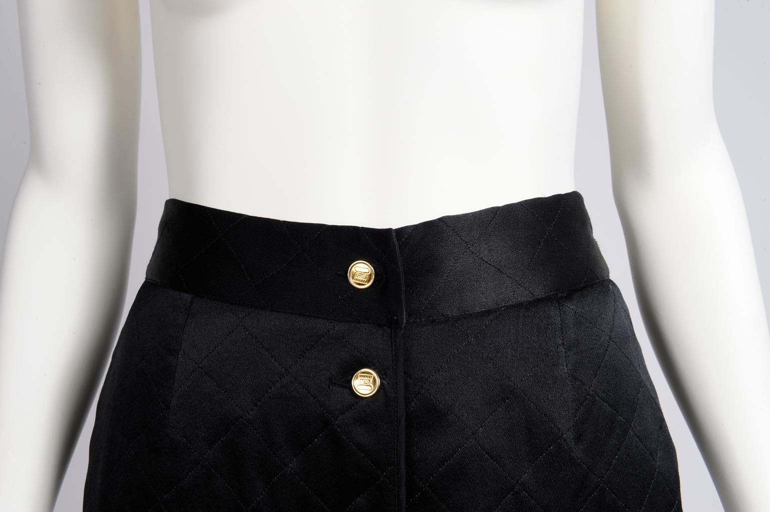 Black Chanel Quilted Satin Silk Skirt