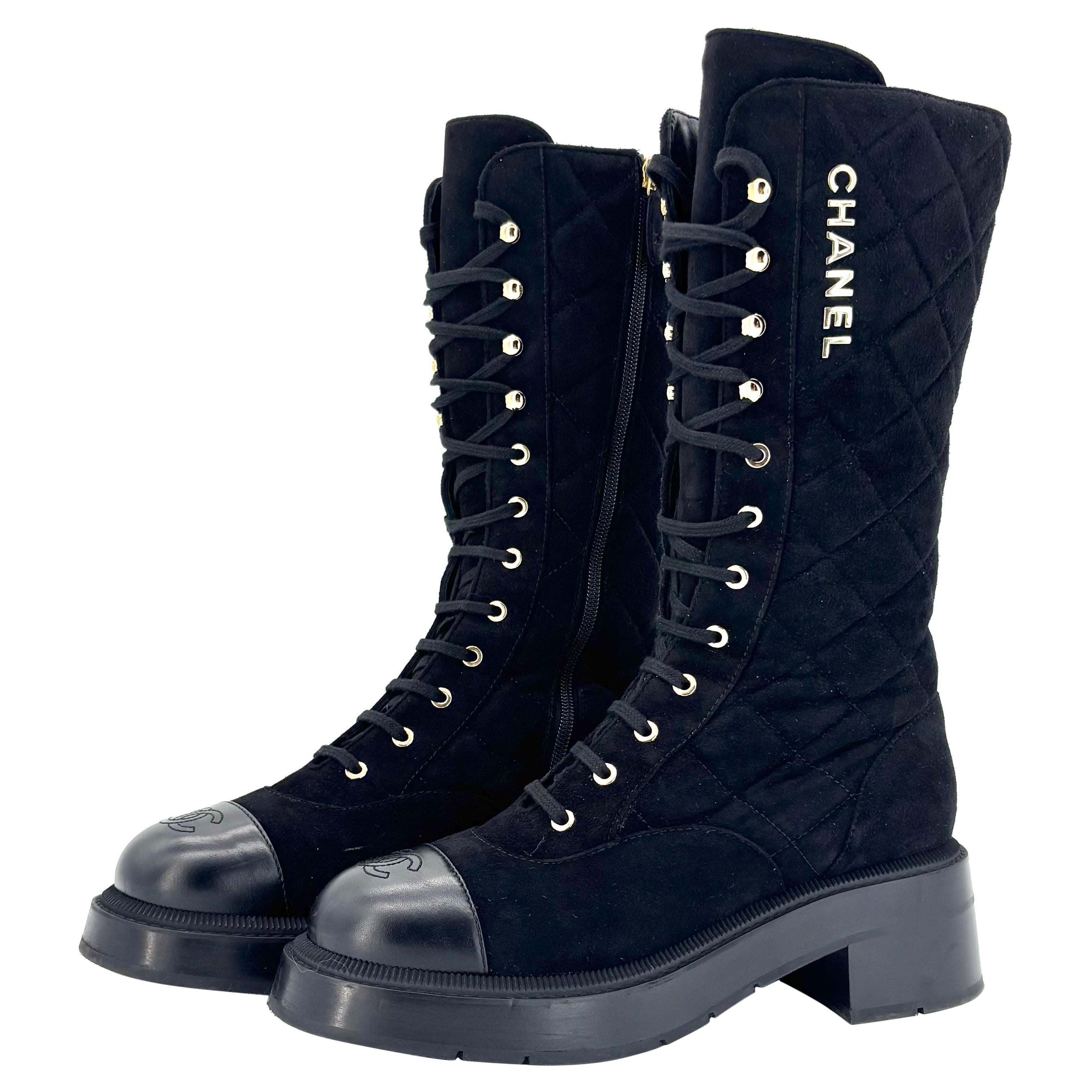 Chanel Quilted Suede Leather Logo Tall Lace Up Cap Toe Knee High Combat Boots 40