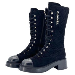 Chanel Quilted Suede Leather Logo Tall Lace Up Cap Toe Knee High Combat Boots 40