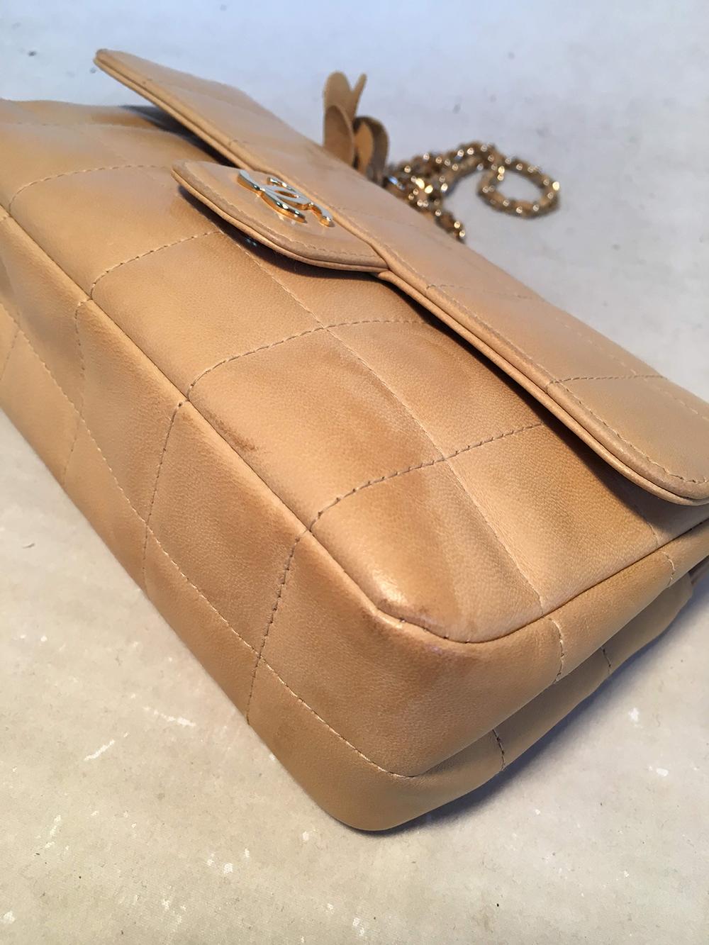 Chanel Quilted Tan Mini Camellia Classic Flap Shoulder Bag In Good Condition In Philadelphia, PA