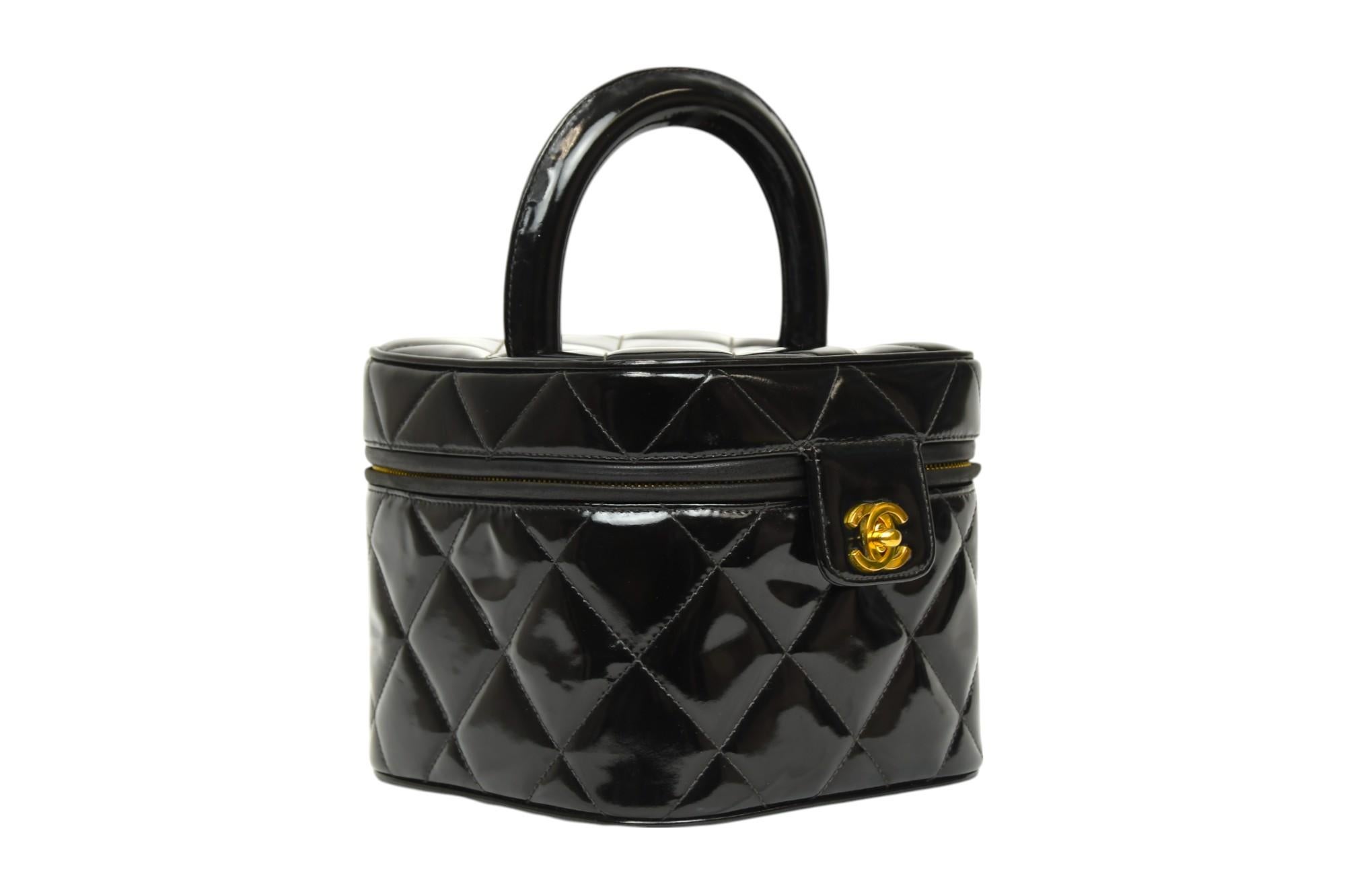 Women's Chanel Quilted Vanity Top Handle Bag Black Patent  1996–1997 For Sale