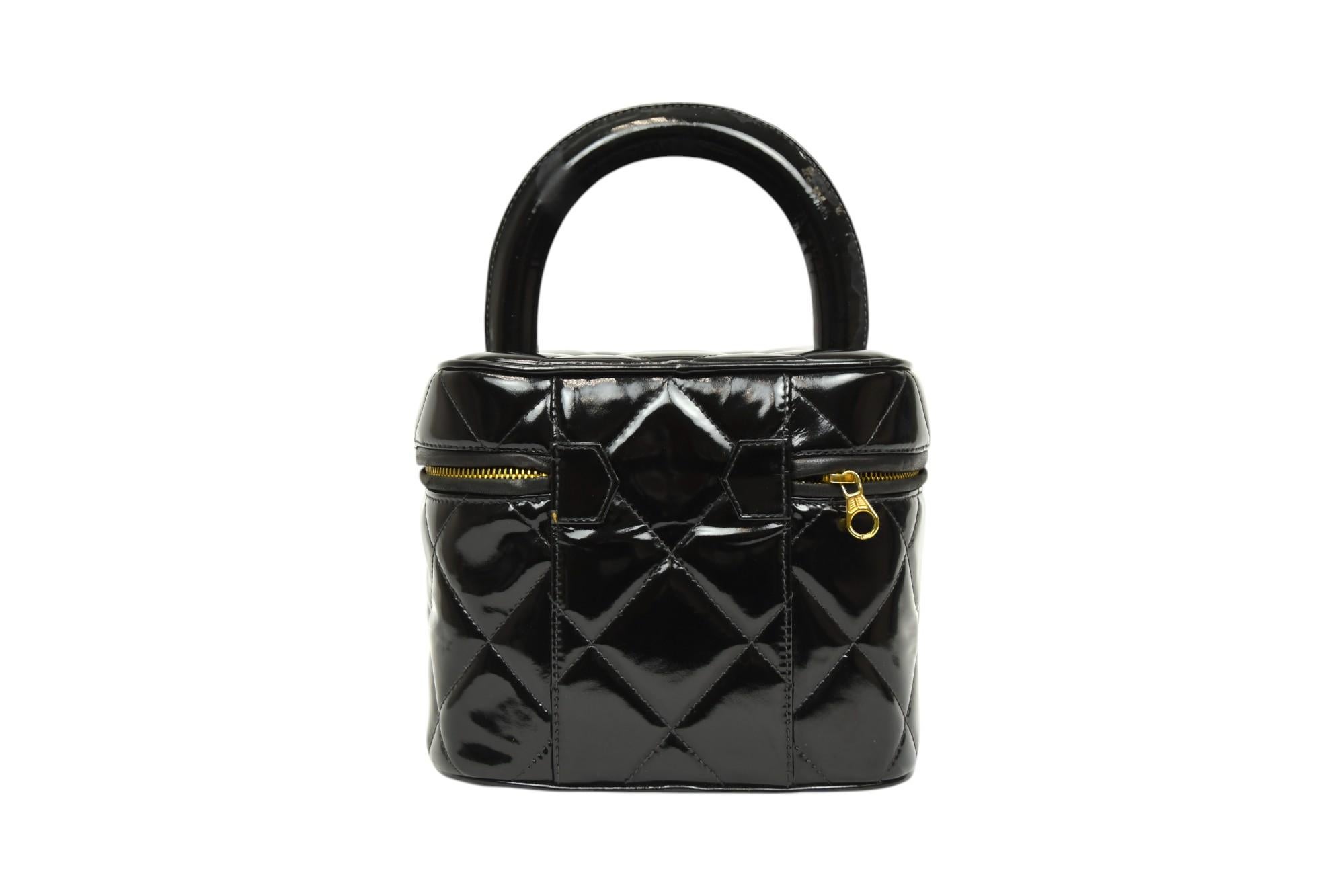 Chanel Quilted Vanity Top Handle Bag Black Patent  1996–1997 For Sale 1