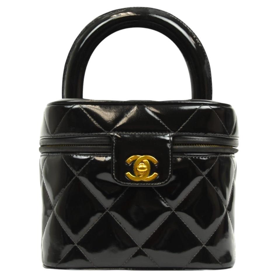 Chanel Quilted Vanity Top Handle Bag Black Patent  1996–1997 For Sale