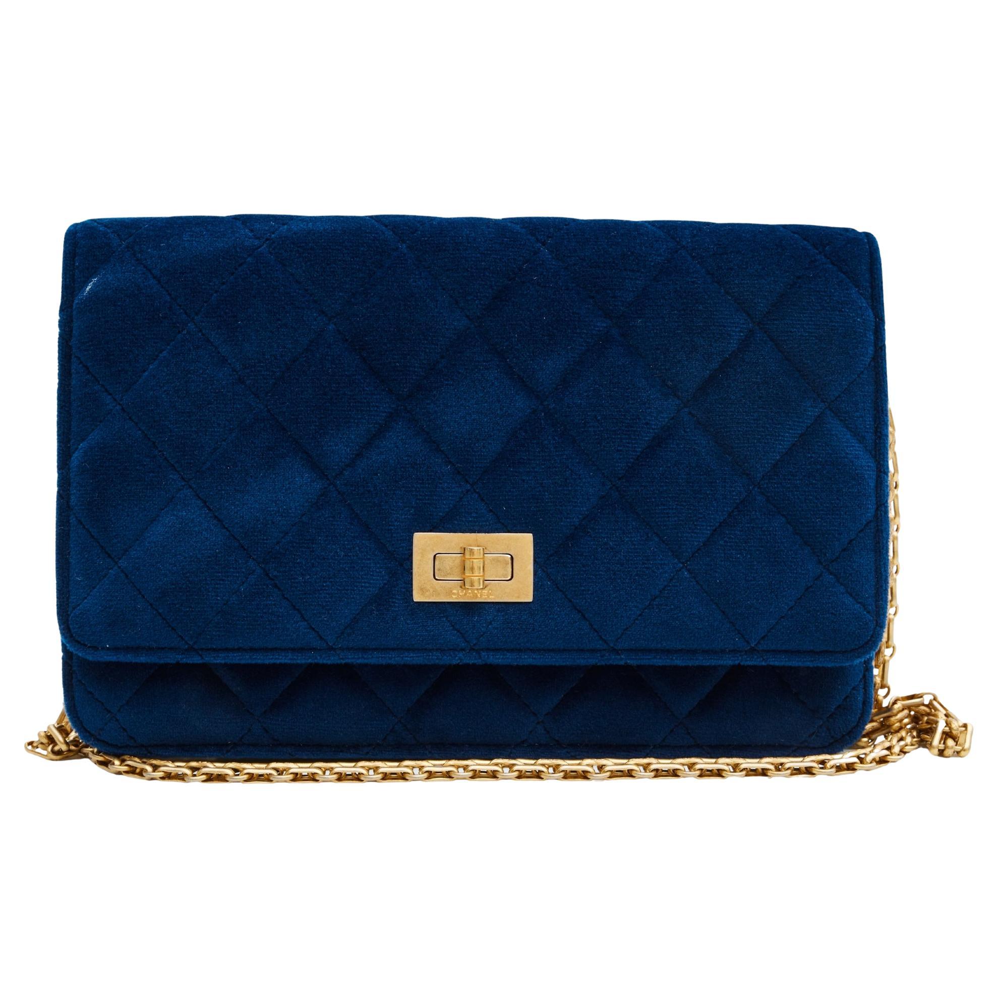 Chanel Quilted Velvet Blue 2.55 Reissue Wallet on Chain Bag 2019