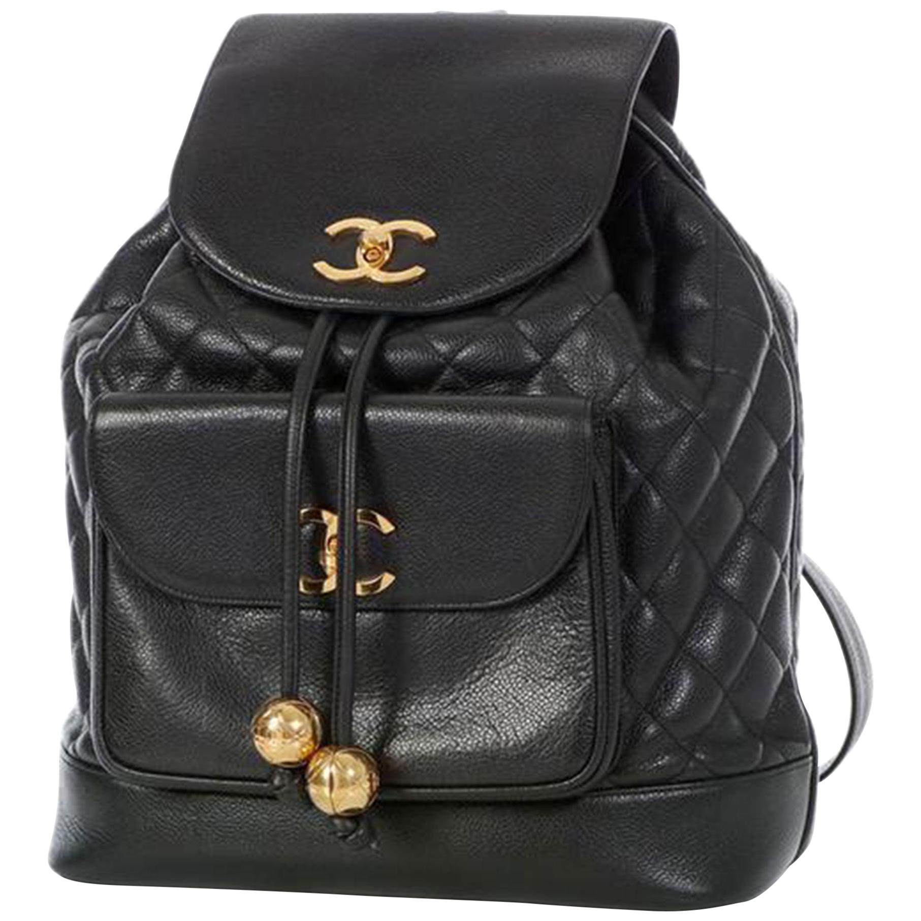 Chanel Quilted Vintage 90s Black Caviar Leather Backpack