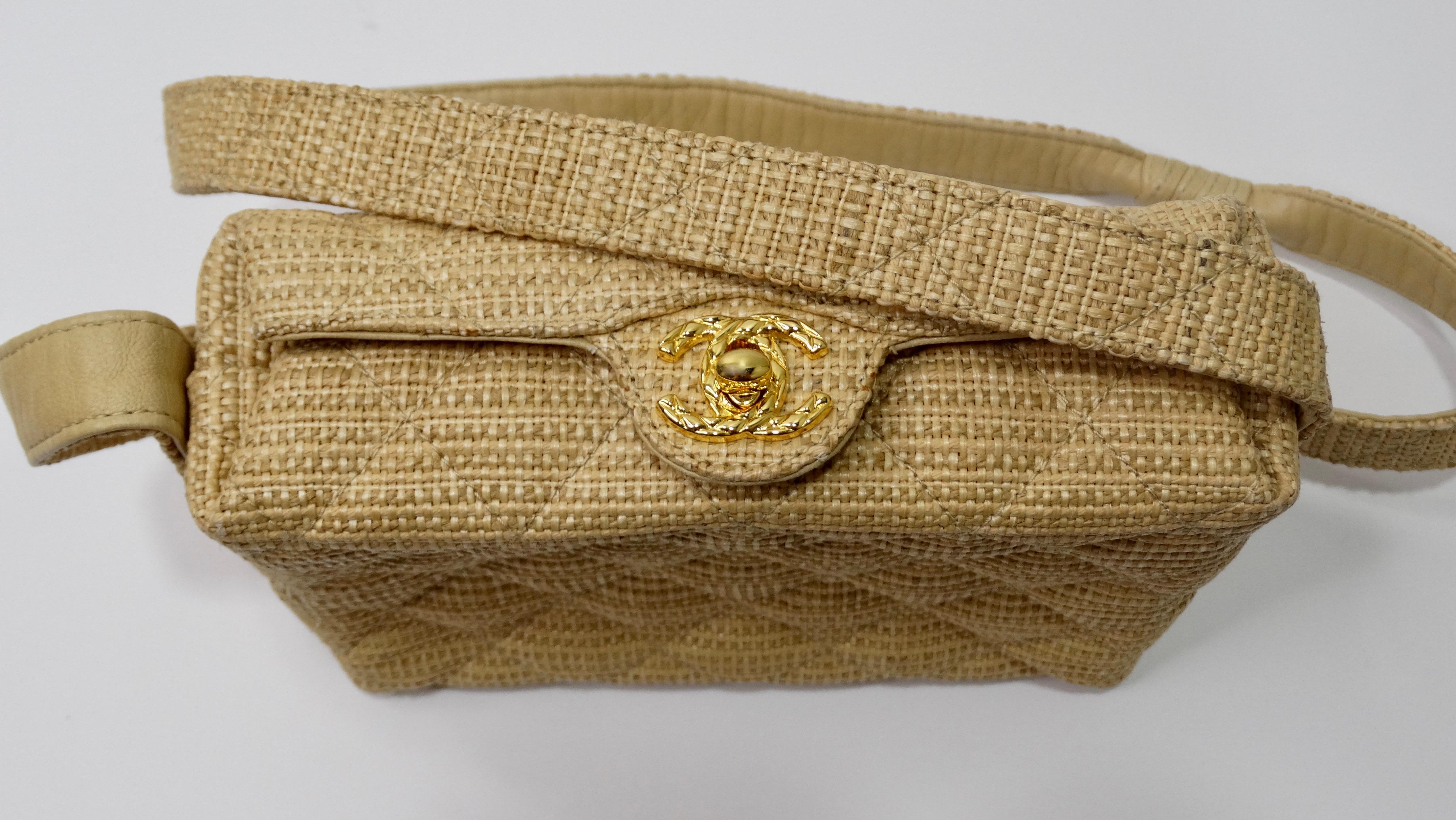 Be resort ready at all times with this adorable Chanel bag! Circa 1991-1994, this bag is crafted from neutral woven raffia and features Chanel's signature quilted stitching, a pouch pocket on the back, shoulder strap and embossed gold plated