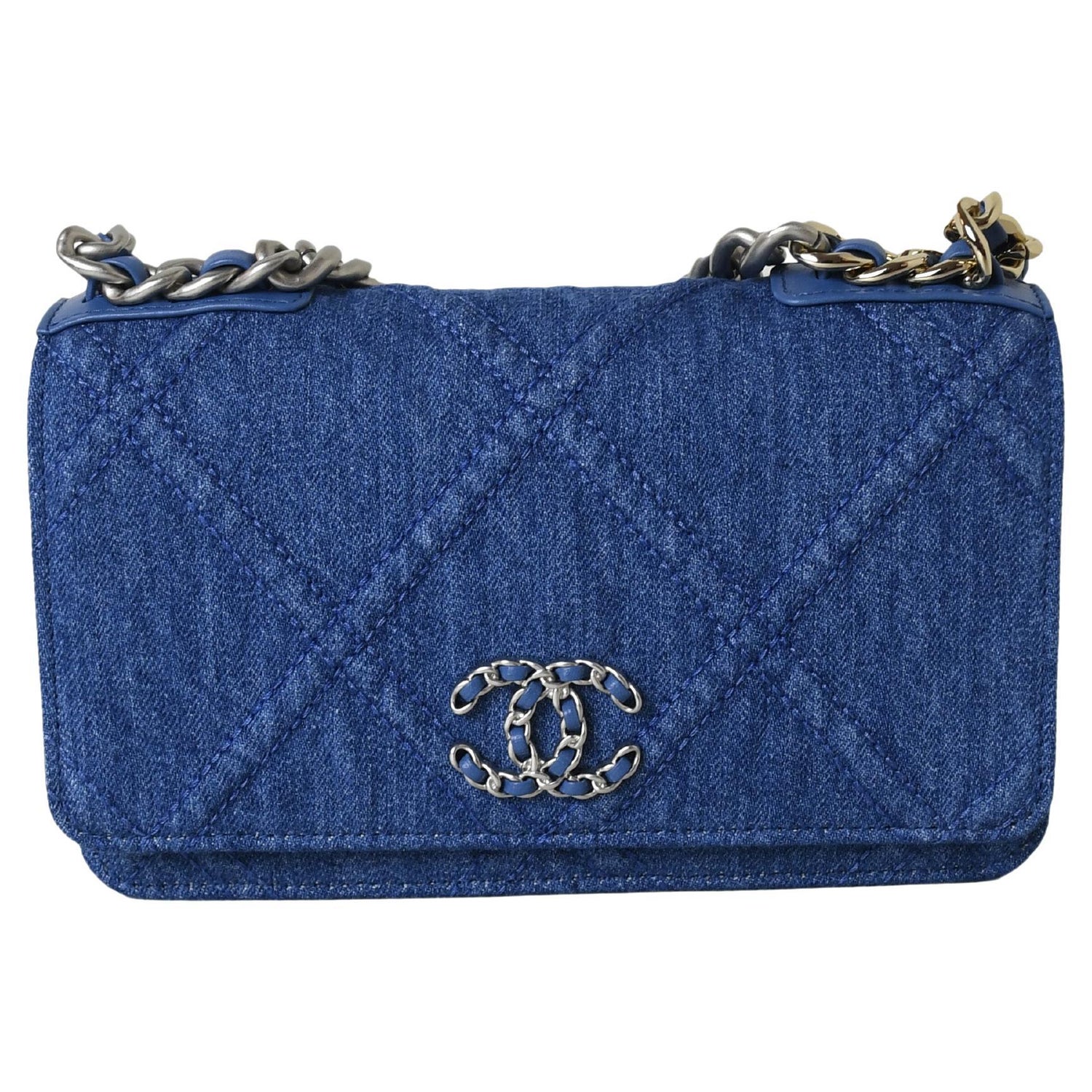 Chanel Quilted Wallet On Chain 19 Silver Denim Blue For Sale at 1stDibs