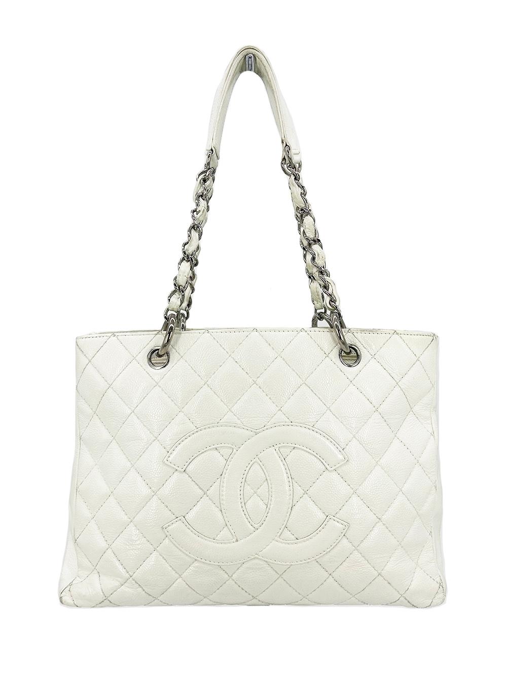 Chanel Quilted White Caviar Grand Shopper Tote In Fair Condition For Sale In Philadelphia, PA