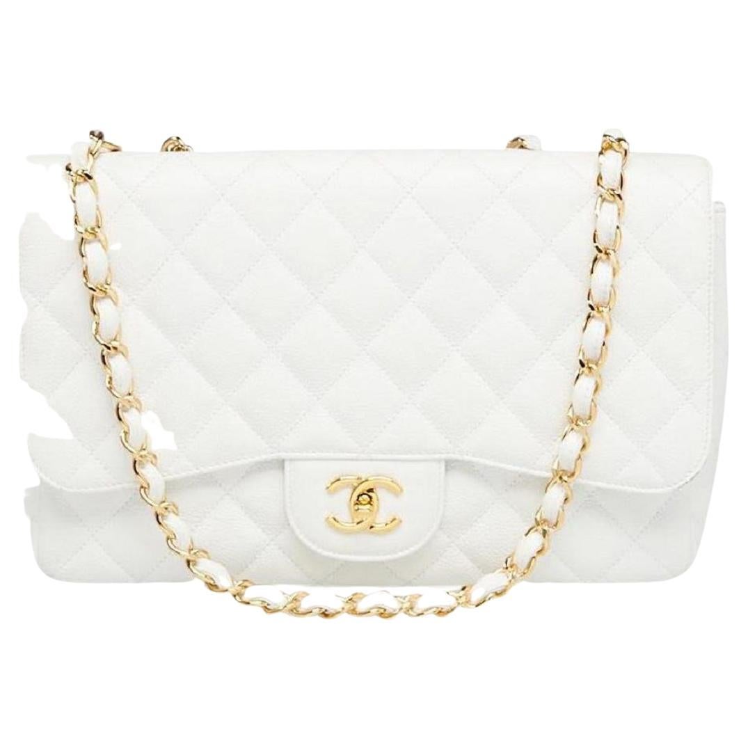 Chanel Quilted White Caviar Jumbo Classic Double Flap Gold Chain 65cas723