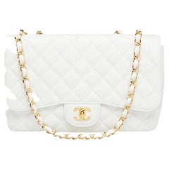 Chanel Quilted White Caviar Jumbo Classic Double Flap Gold Chain 65cas723