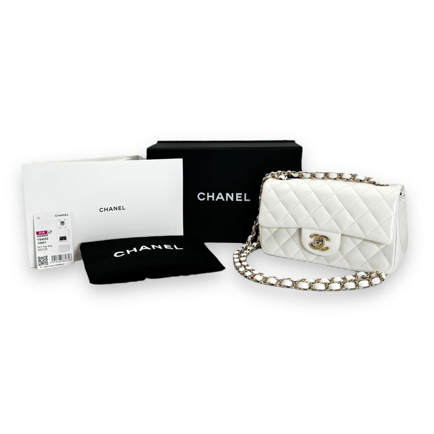 Chanel Quilted White Lambskin Mini Rectangular Classic Flap

Elevate your style with the exquisite Chanel Quilted White Lambskin Mini Rectangular Flap Bag. Exquisitely crafted from luxurious lambskin leather in Italy, this designer bag features the