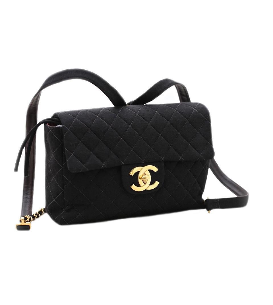 Chanel Quilted Wool Leather Large CC Gold Logo Jumbo Flap Backpack For Sale 5