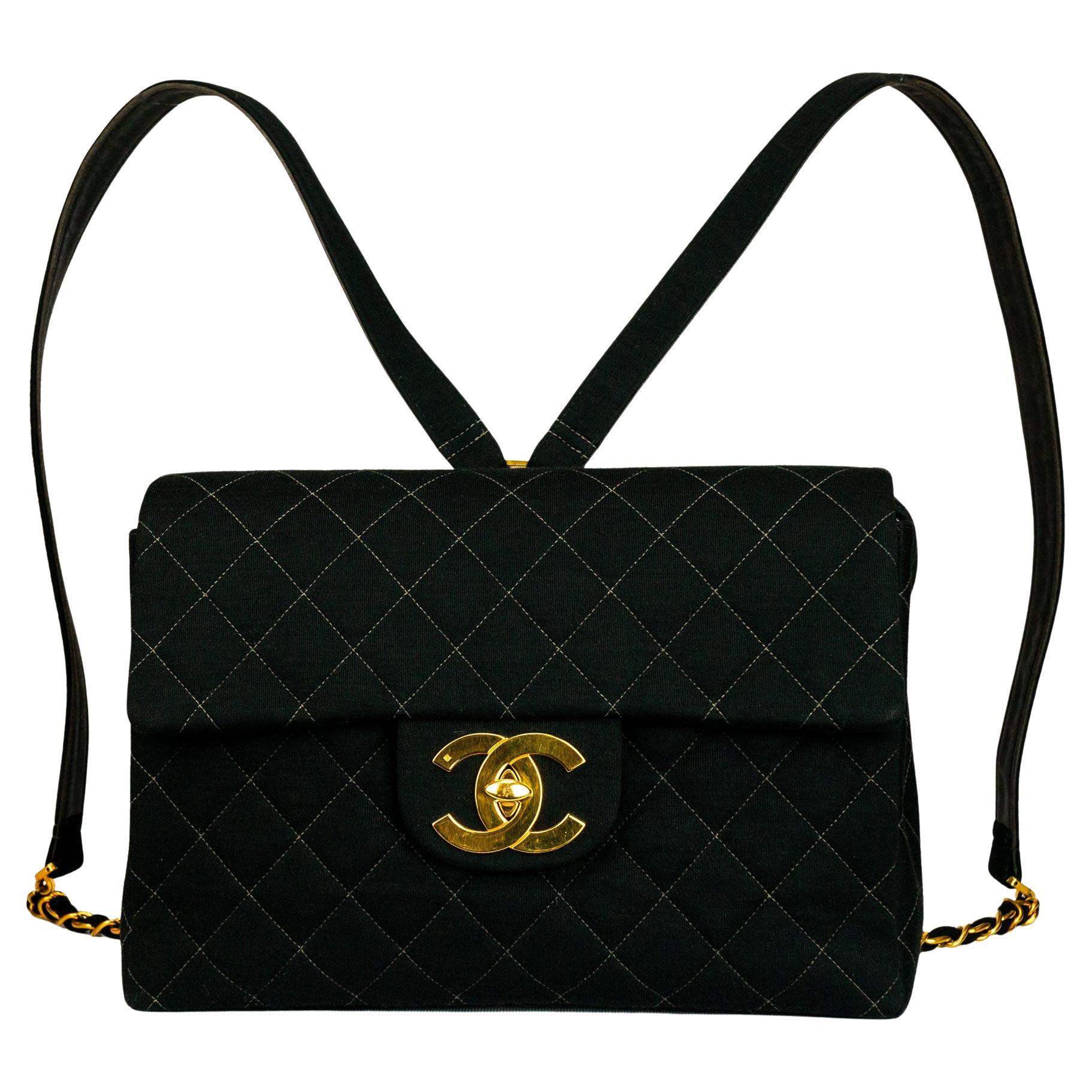 Chanel Quilted Wool Leather Large CC Gold Logo Jumbo Flap Backpack