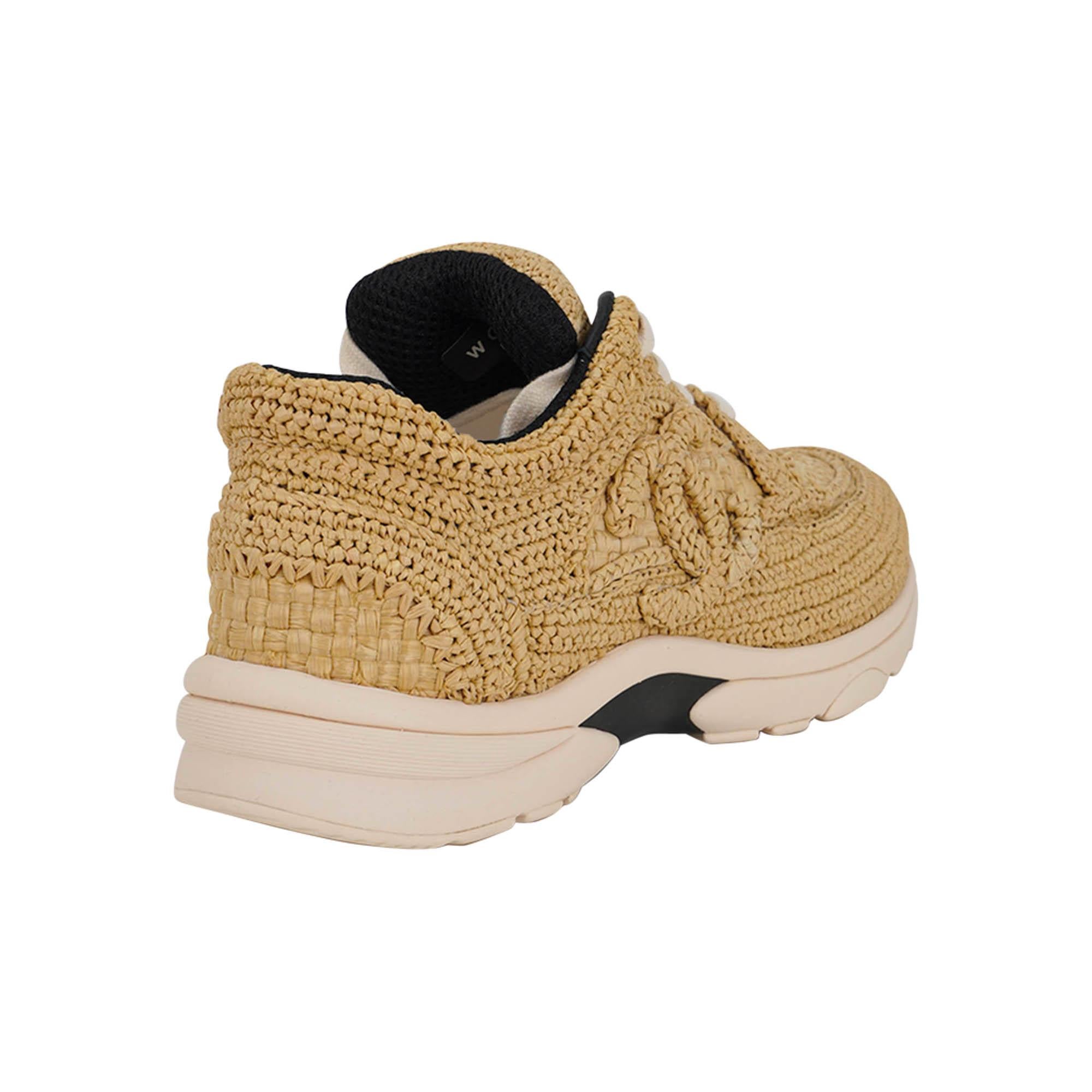 Chanel Raffia CC Sneakers Beige Low Top 37.5 In New Condition For Sale In Miami, FL