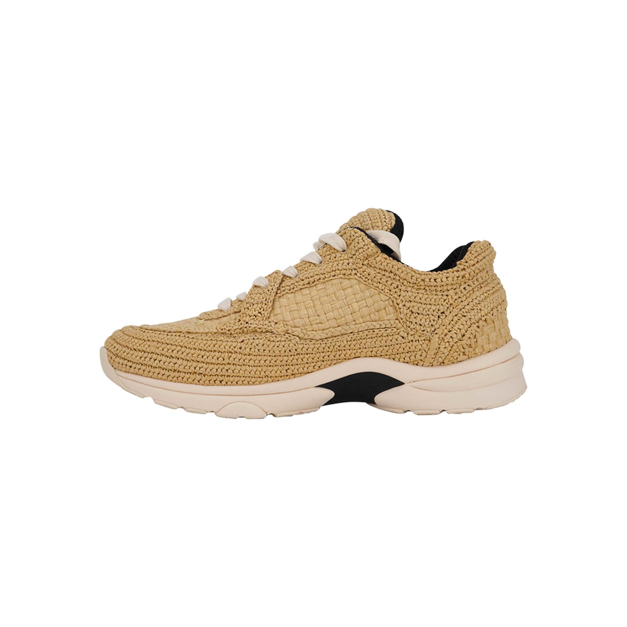 Women's Chanel Raffia CC Sneakers Beige Low Top 37.5 For Sale