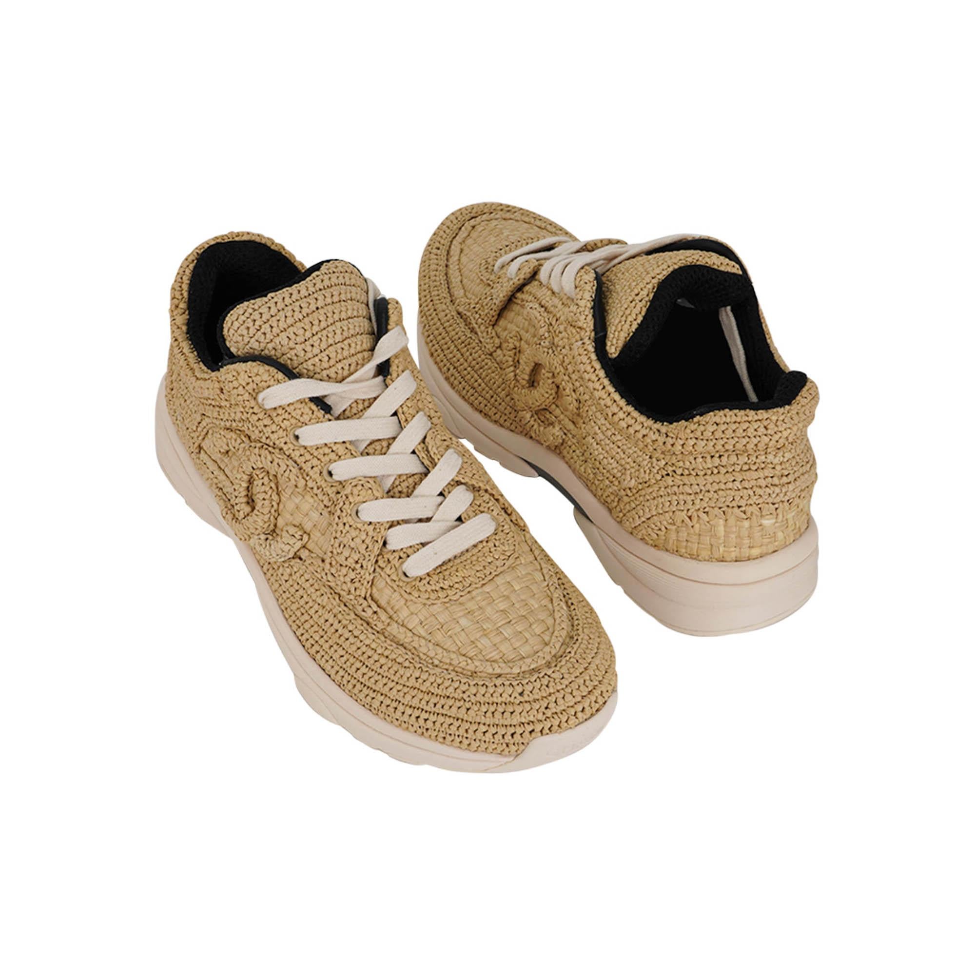 Chanel Raffia CC Sneakers Beige Low Top 37.5 For Sale 1