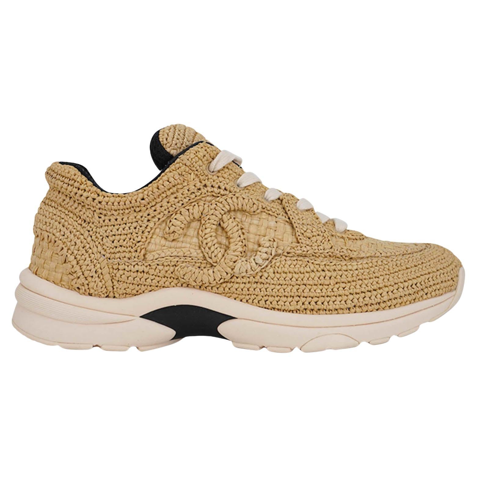 Chanel Raffia CC Sneakers Beige Low Top 37.5 For Sale