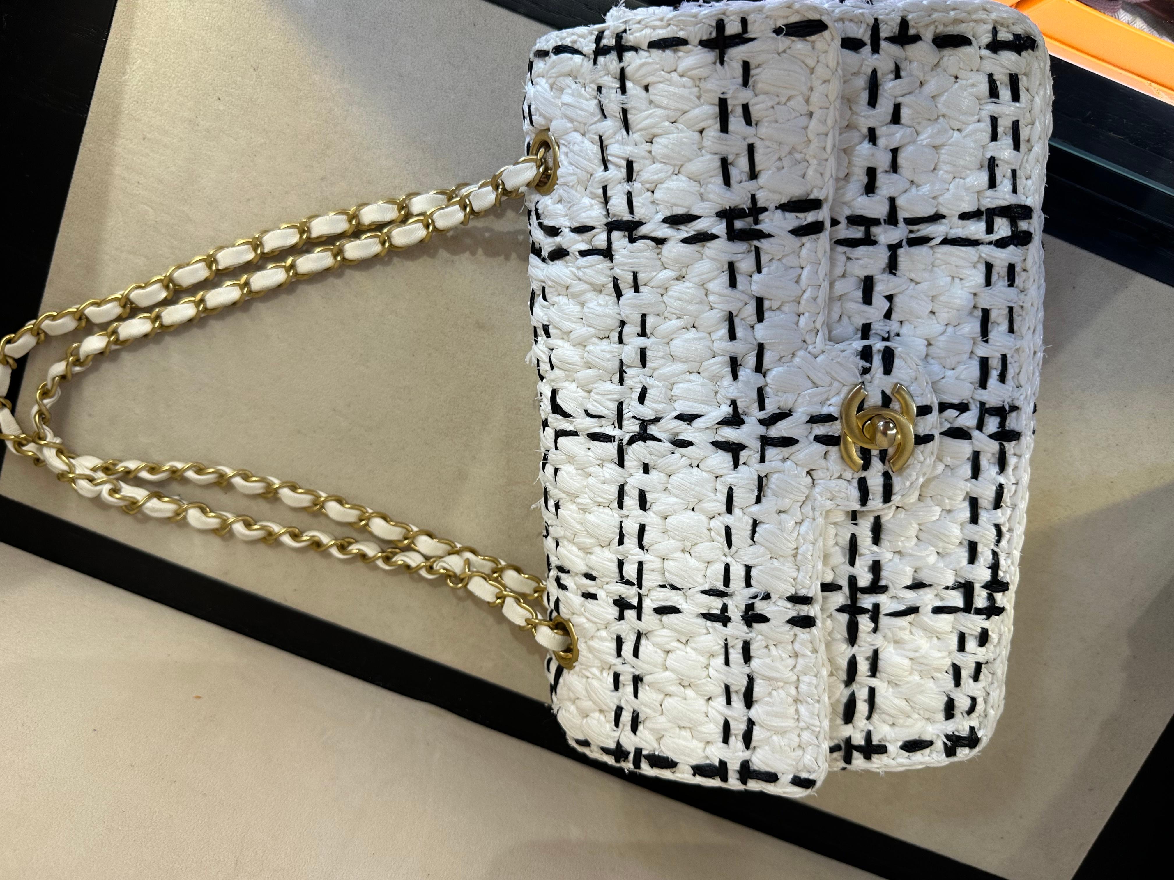 Women's or Men's CHANEL Raffia Effect Tweed Braided Medium Flap in White and Black