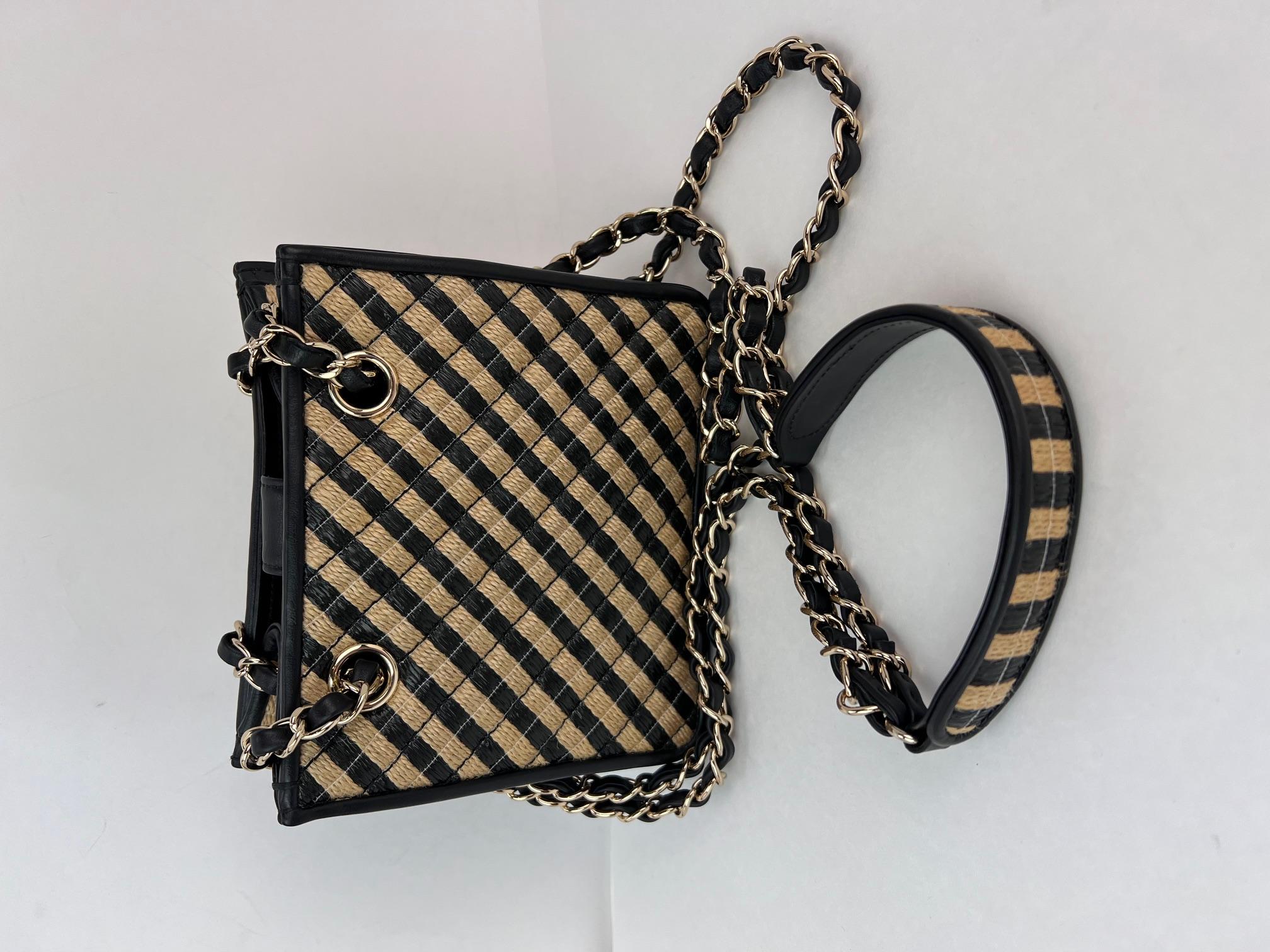Chanel Raffia Jute Striped Urban Jungle Black Beige Bucket Bag 7
