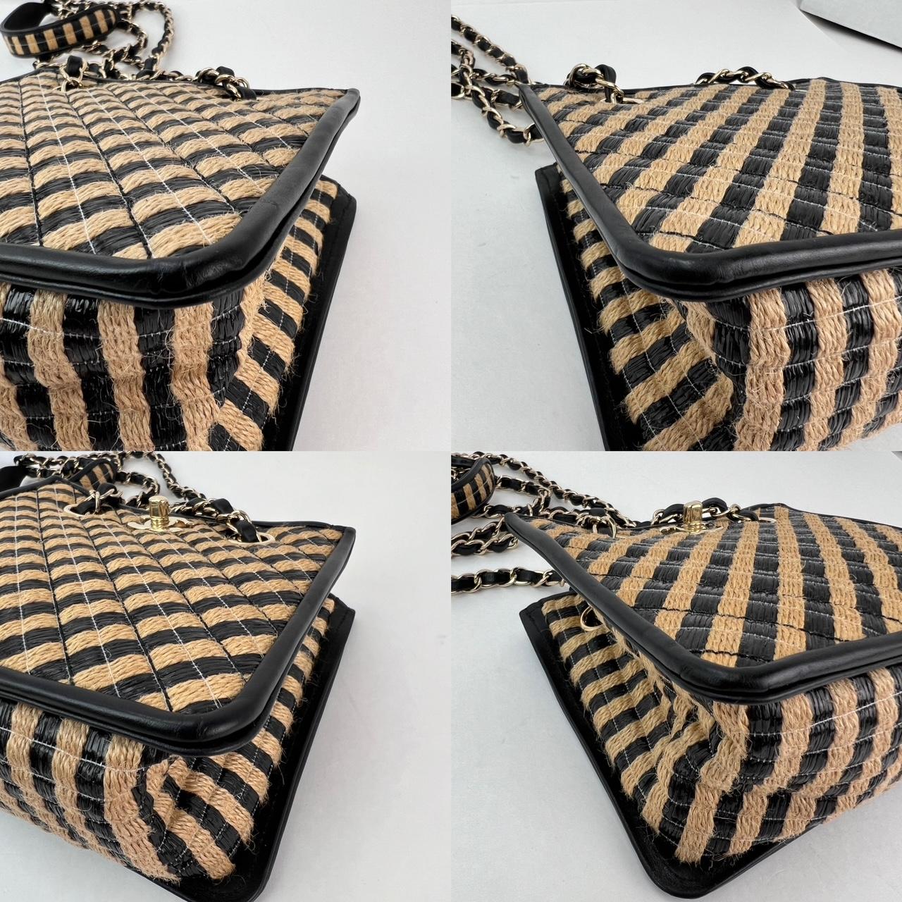 Women's Chanel Raffia Jute Striped Urban Jungle Black Beige Bucket Bag