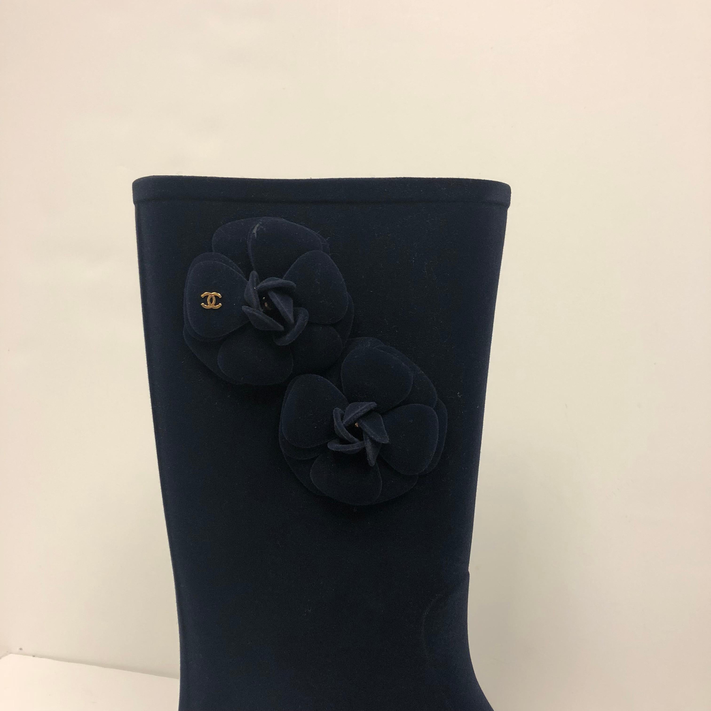 Black Chanel Rain Boots with Camellias Size 38 For Sale