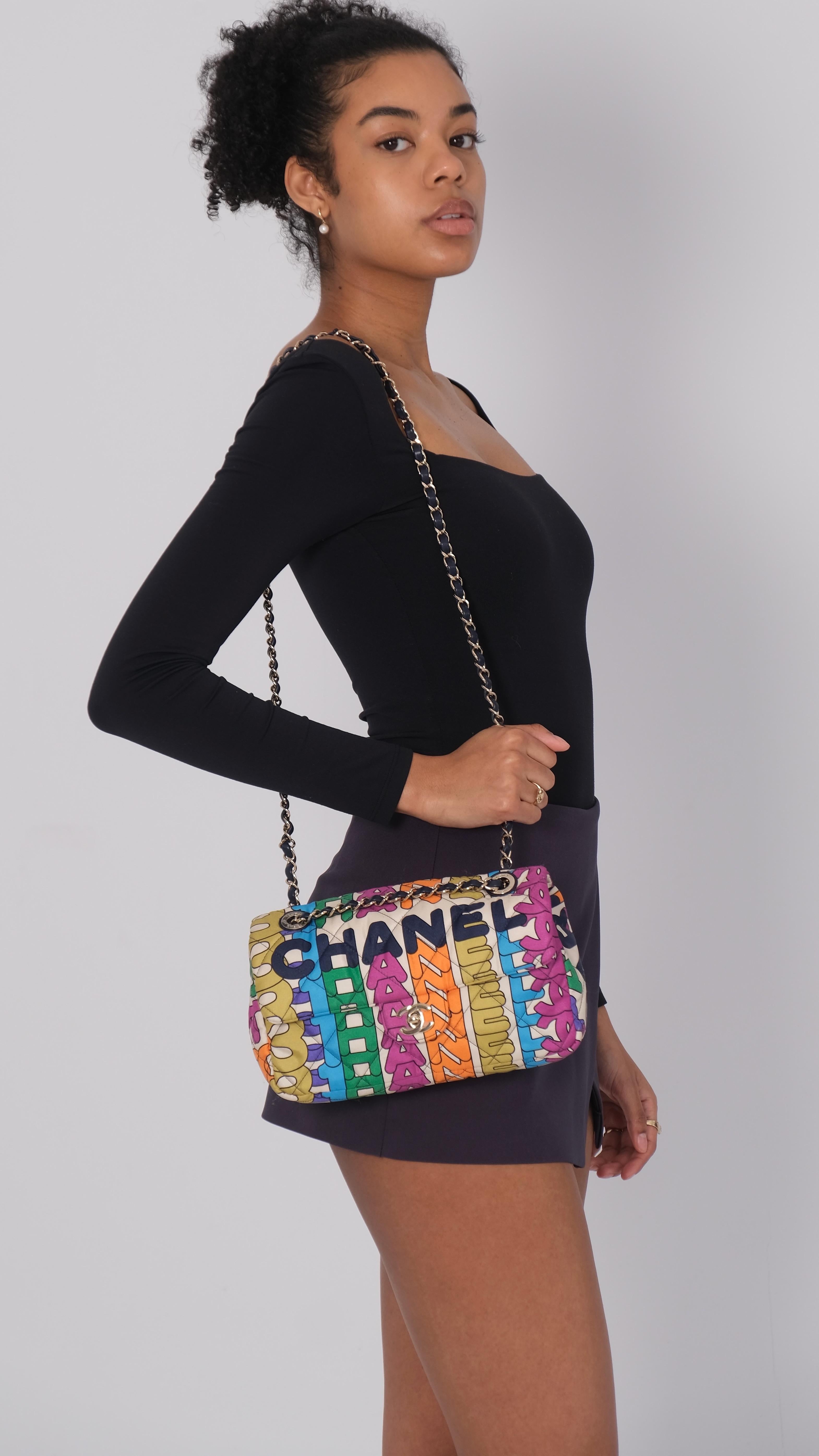 Chanel Rainbow Logo Nylon Quilted Logo Flap Bag In Good Condition In Montreal, Quebec