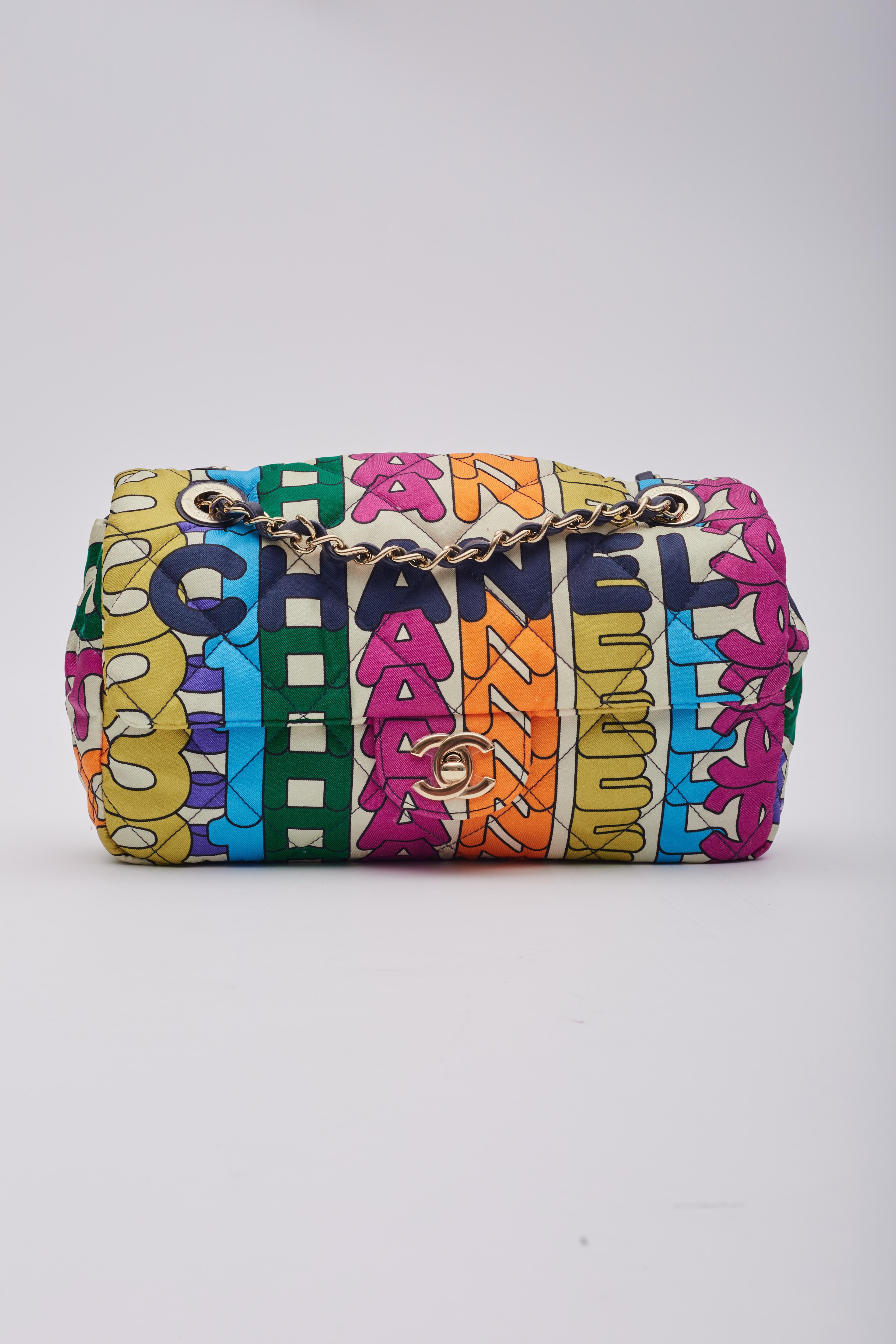 Women's Chanel Rainbow Logo Nylon Quilted Logo Flap Bag