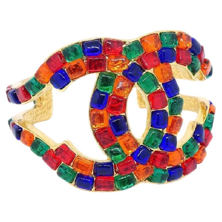 CHANEL Rainbow Multi Color Poured Glass Gripoix Gold Metal Evening Cuff Bracelet
