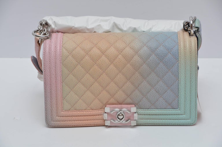 Authentic Chanel Pastel Rainbow Small Boy Bag Caviar Grained Leather