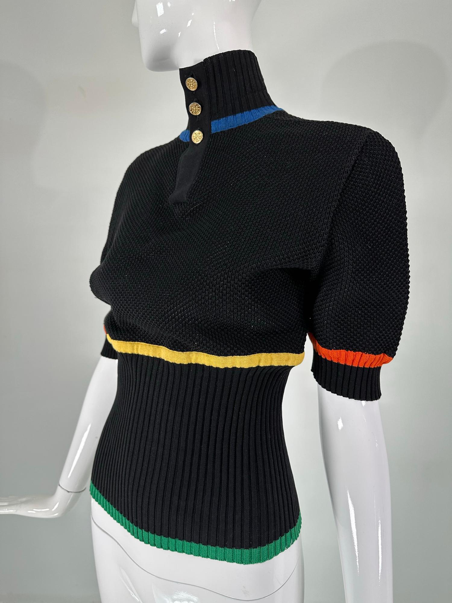 Chanel Rare 1980s Black Cotton Crochet Sweater Colour Stripes Logo Buttons  For Sale 6