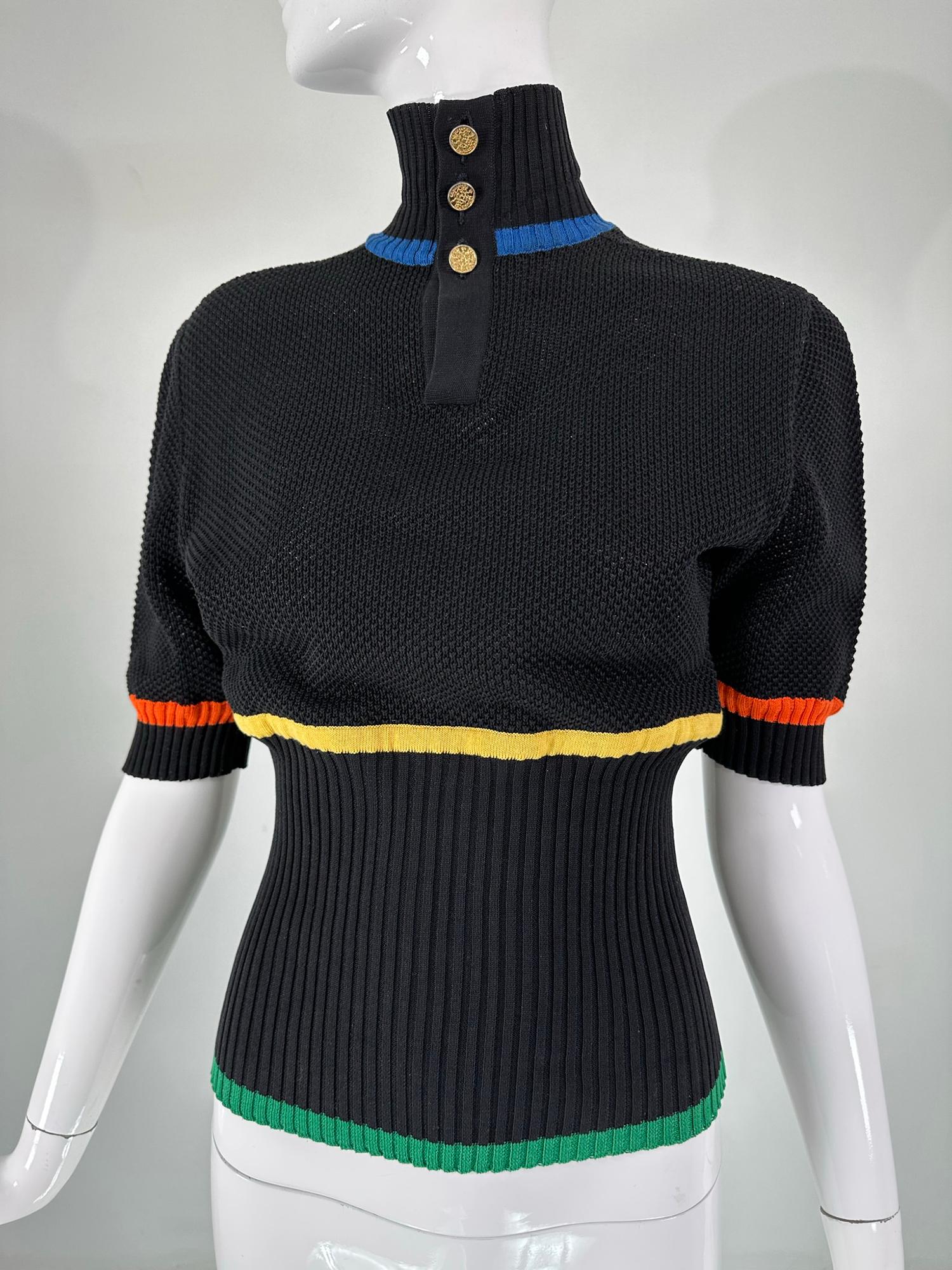 Chanel Rare 1980s Black Cotton Crochet Sweater Colour Stripes Logo Buttons  For Sale 7
