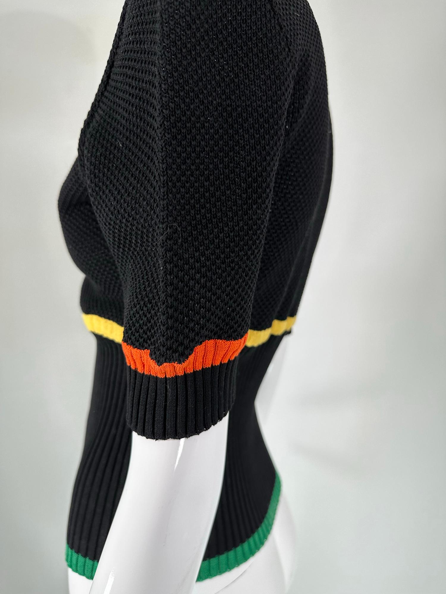 Chanel Rare 1980s Black Cotton Crochet Sweater Colour Stripes Logo Buttons  For Sale 8