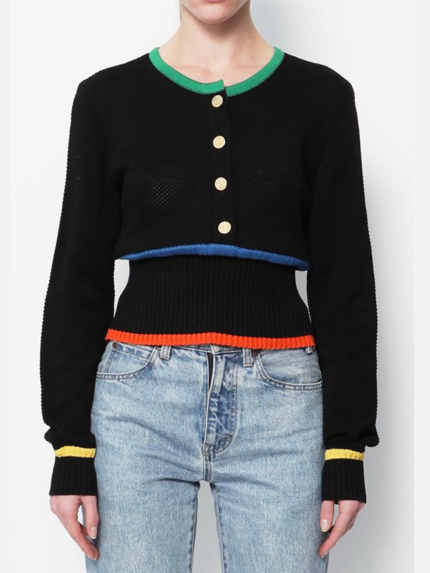 Chanel Rare 1980s Black Cotton Crochet Sweater Colour Stripes Logo Buttons  For Sale 13