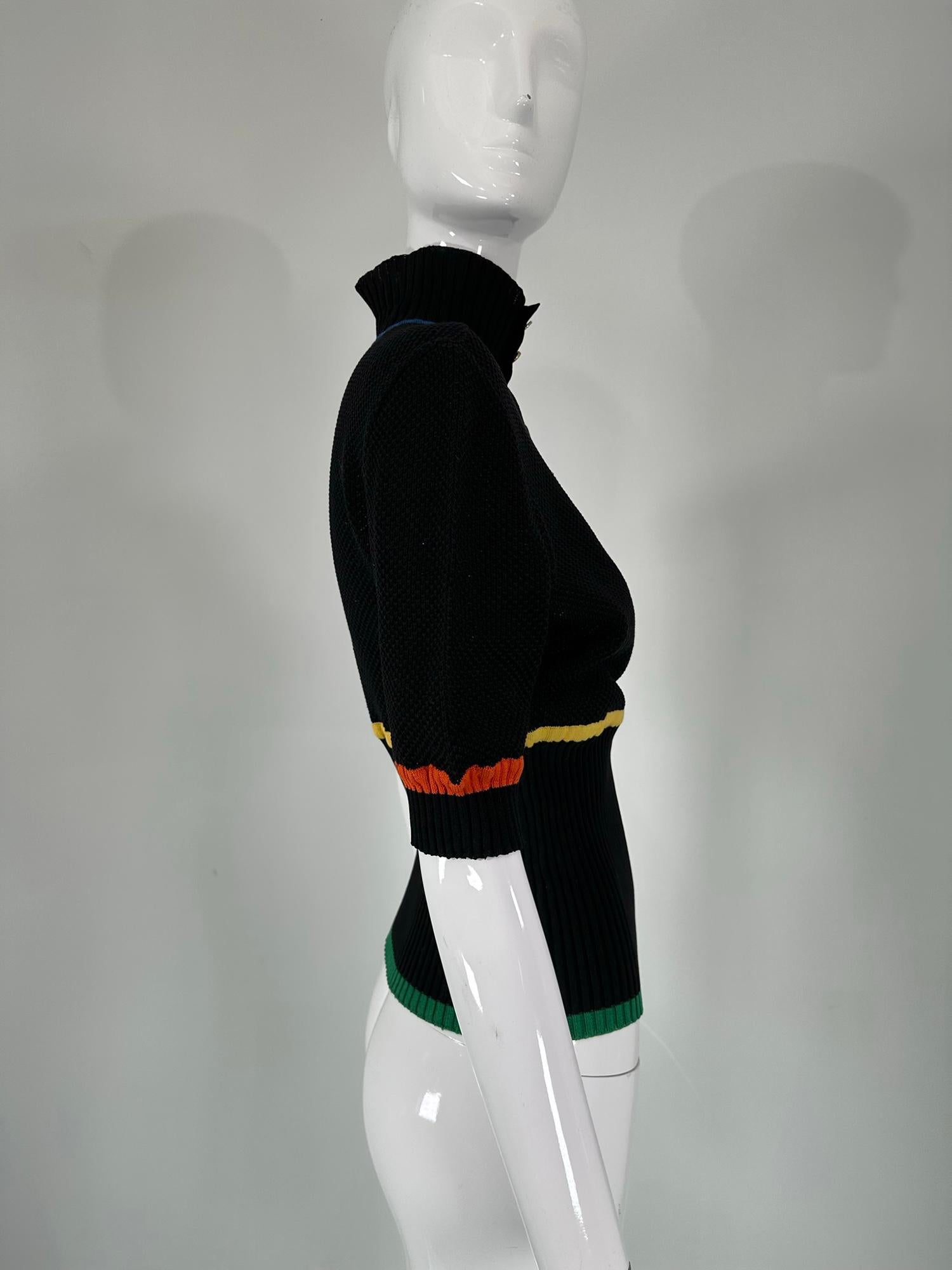 Women's Chanel Rare 1980s Black Cotton Crochet Sweater Colour Stripes Logo Buttons  For Sale