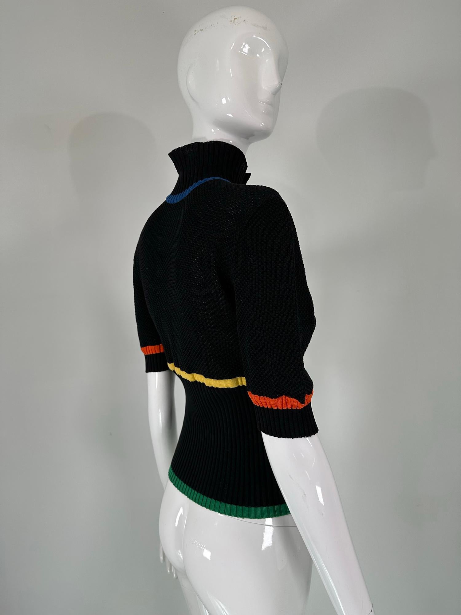 Chanel Rare 1980s Black Cotton Crochet Sweater Colour Stripes Logo Buttons  For Sale 1
