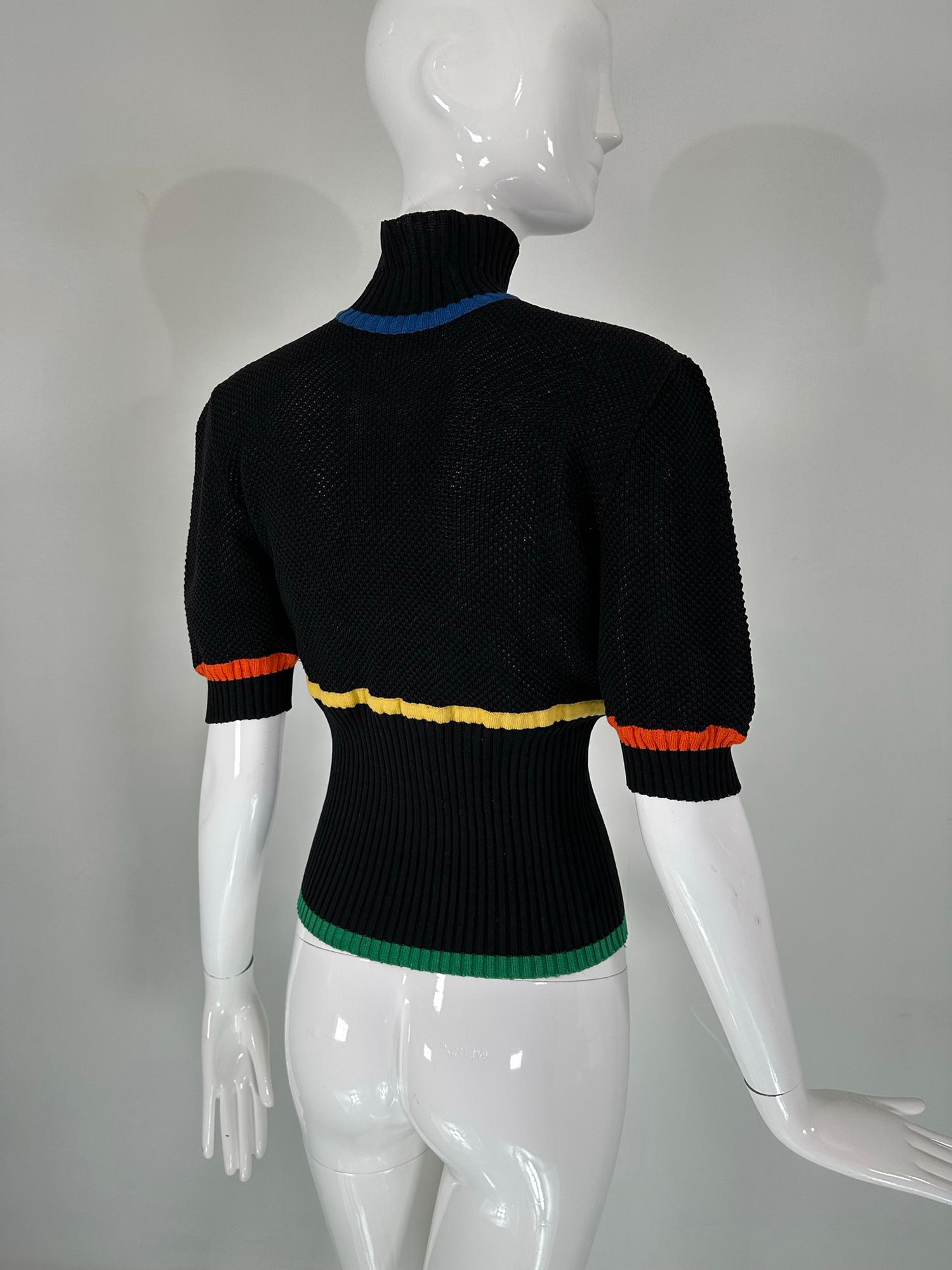 Chanel Rare 1980s Black Cotton Crochet Sweater Colour Stripes Logo Buttons  For Sale 2