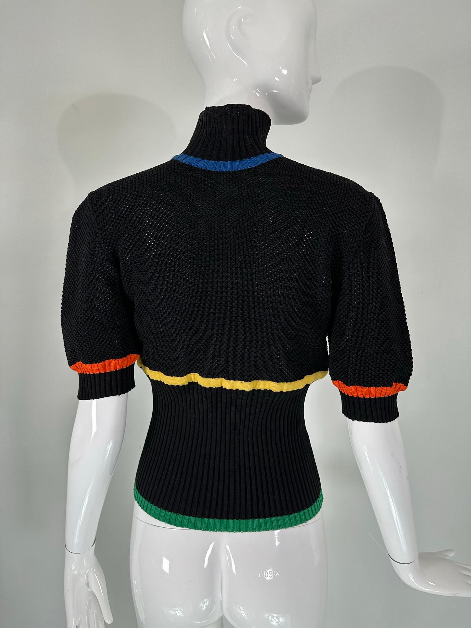 Chanel Rare 1980 Black Cotton Crochet Sweater Colour Stripes Logo Buttons  en vente 3
