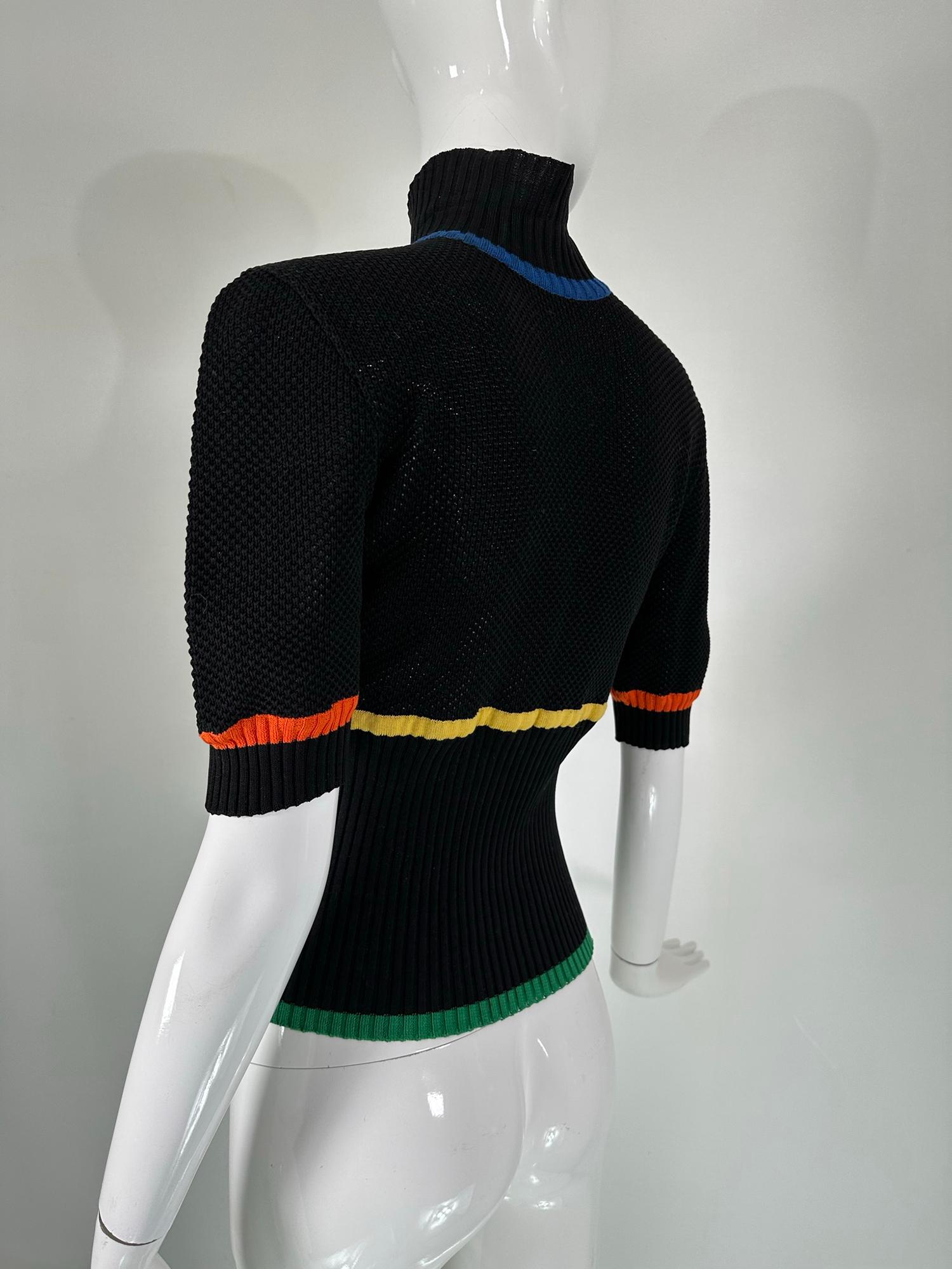 Chanel Rare 1980s Black Cotton Crochet Sweater Colour Stripes Logo Buttons  For Sale 4