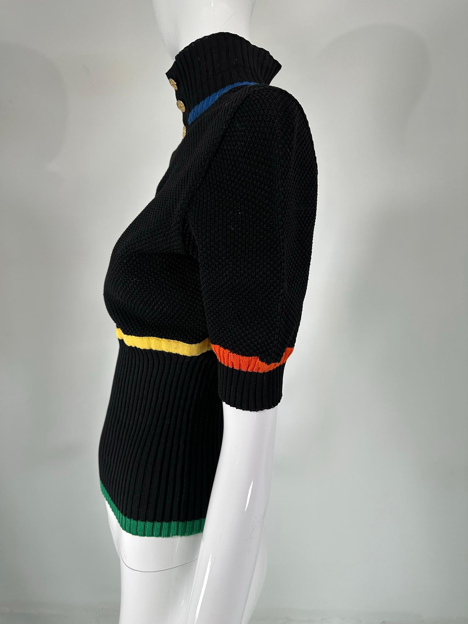 Chanel Rare 1980s Black Cotton Crochet Sweater Colour Stripes Logo Buttons  For Sale 5