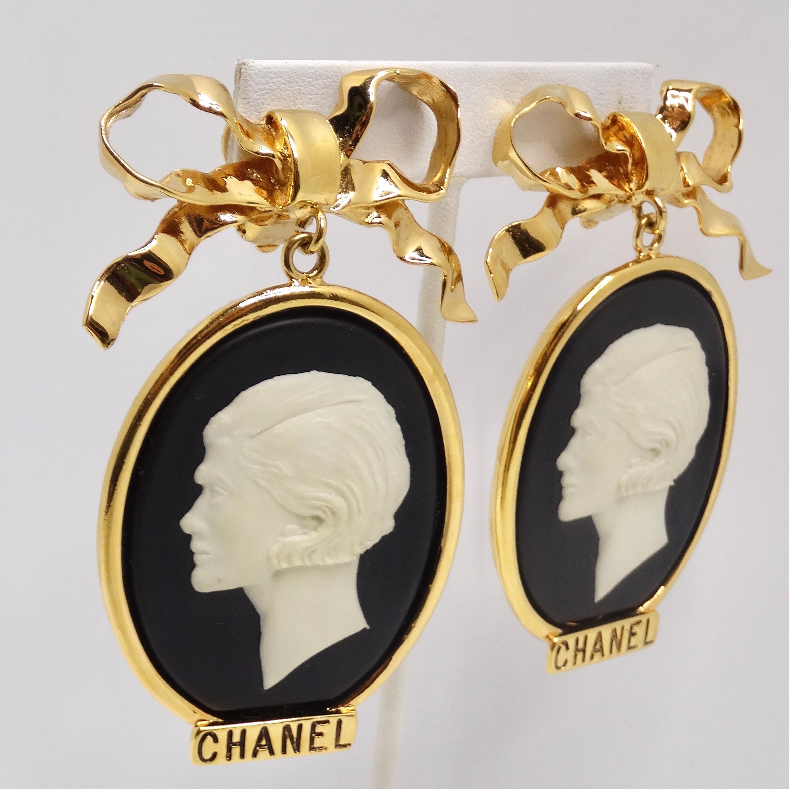 Chanel Rare 1980s Large Gold Tone Cameo Earrings For Sale 7
