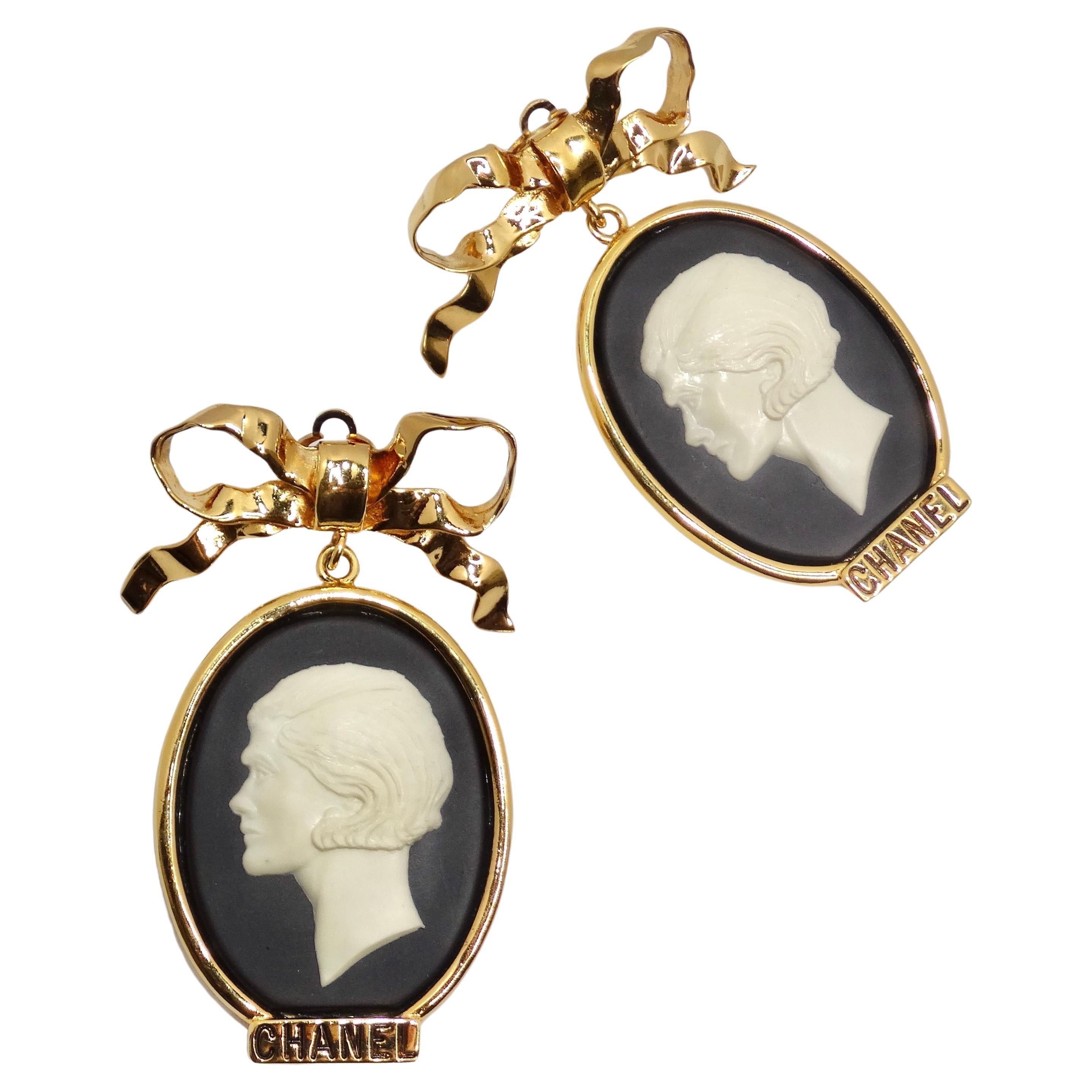 Chanel Rare 1980s Large Gold Tone Cameo Earrings In Excellent Condition For Sale In Scottsdale, AZ