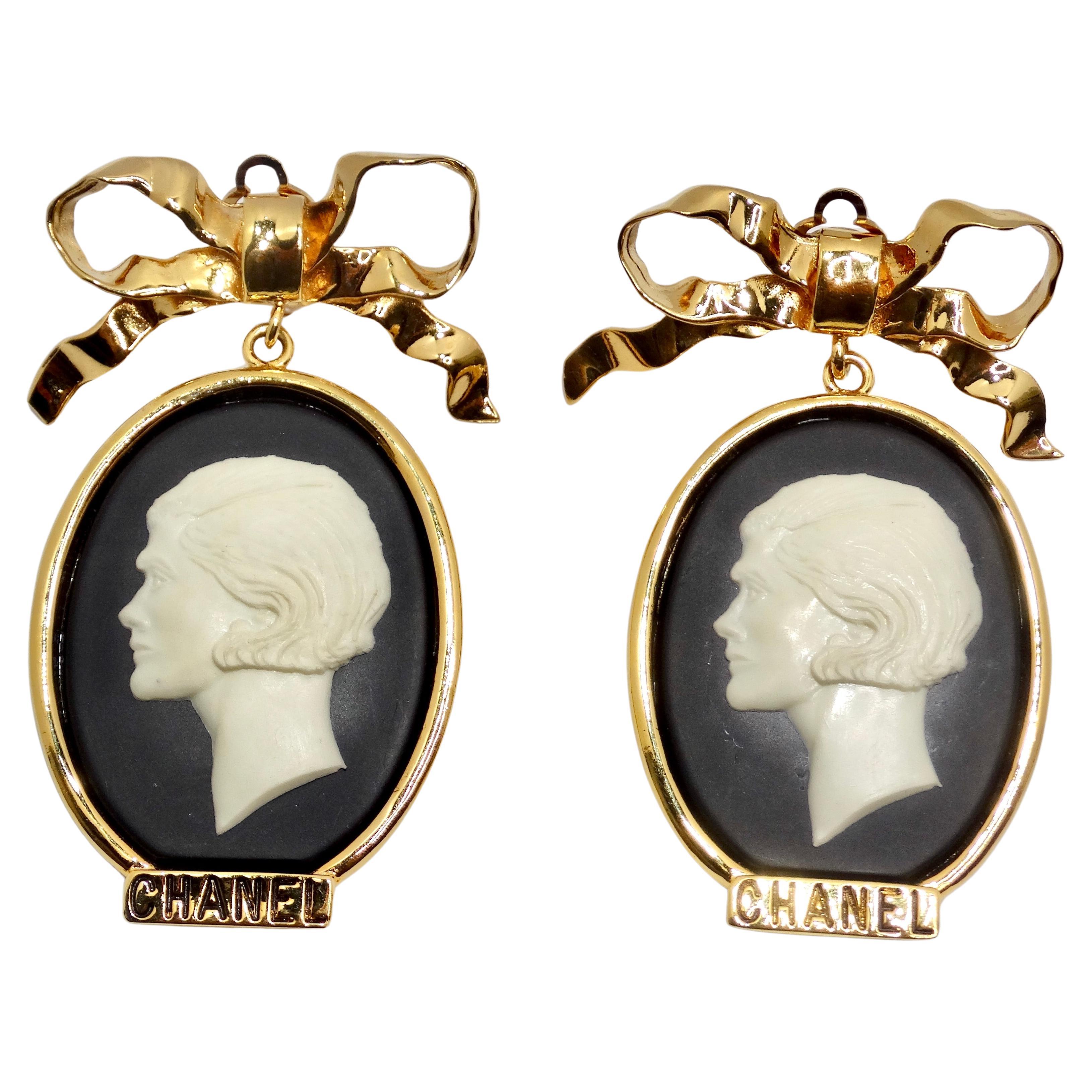 Chanel Rare 1980s Large Gold Tone Cameo Earrings For Sale
