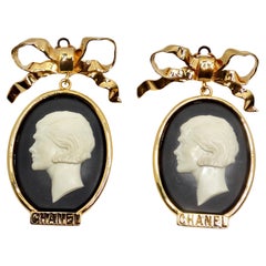Vintage Chanel Rare 1980s Large Gold Tone Cameo Earrings