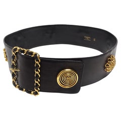 Retro Chanel Rare 1980s Victoire De Castellane Gold Tone Black Leather Belt