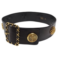 Chanel Rare 1980s Victoire De Castellane Gold Tone Black Leather Belt